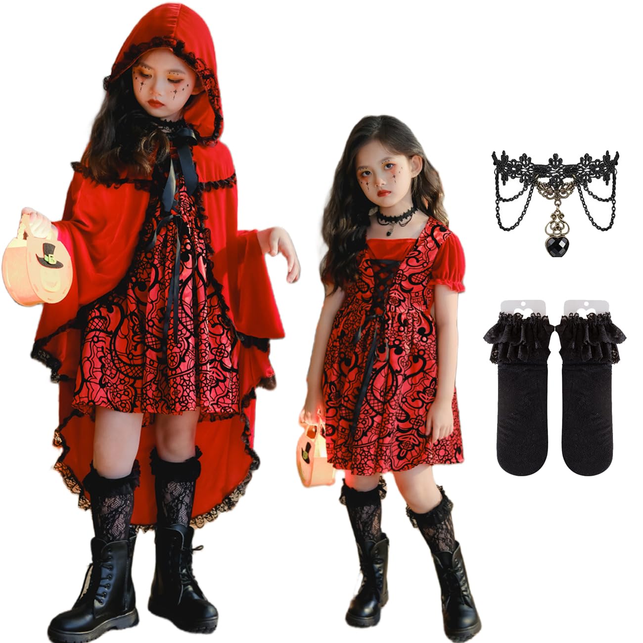 

[AssassinCat] Halloween Children s Cosplay Costume Fairy Tale Little Red Riding Hood Dress Retro Court Stage Show Girls Walking Children s Clothing