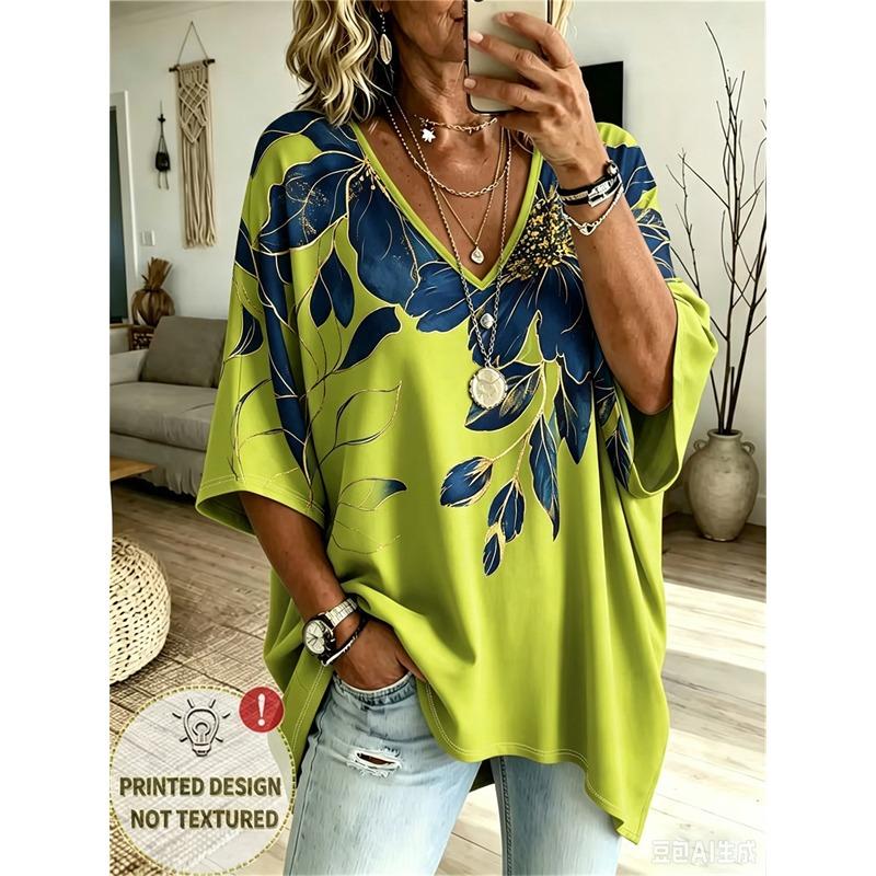 Printed Plus-Size Women's V-Neck Batwing Sleeve T-Shirt Bohemian Ethnic Print Loose Top Summer Comfortable Breathable Daily Commute Casual