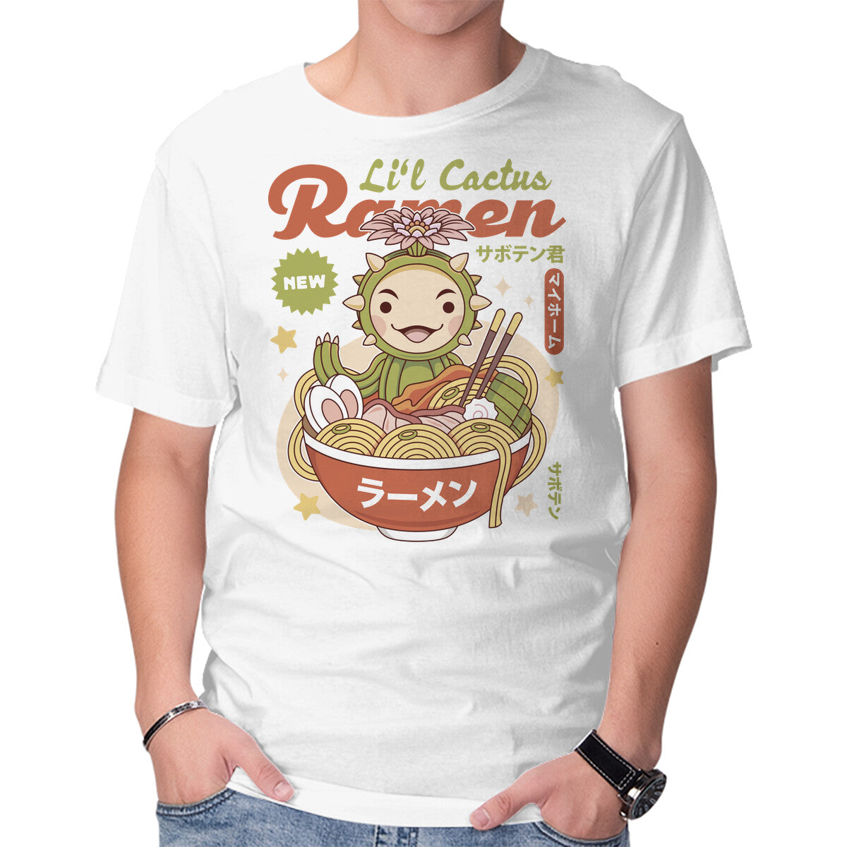 Unisex Crew Neck T-Shirt Lil Cactus Ramen Graphic Short Sleeve Casual Tee XS