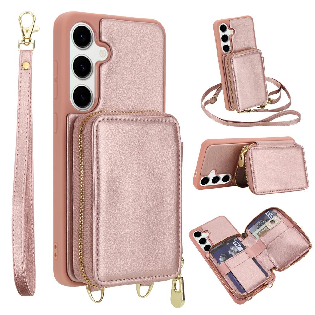 For Samsung Galaxy S25 FE Case RFID Blocking Zipper Wallet Leather + TPU Phone Cover with Shoulder Strap
