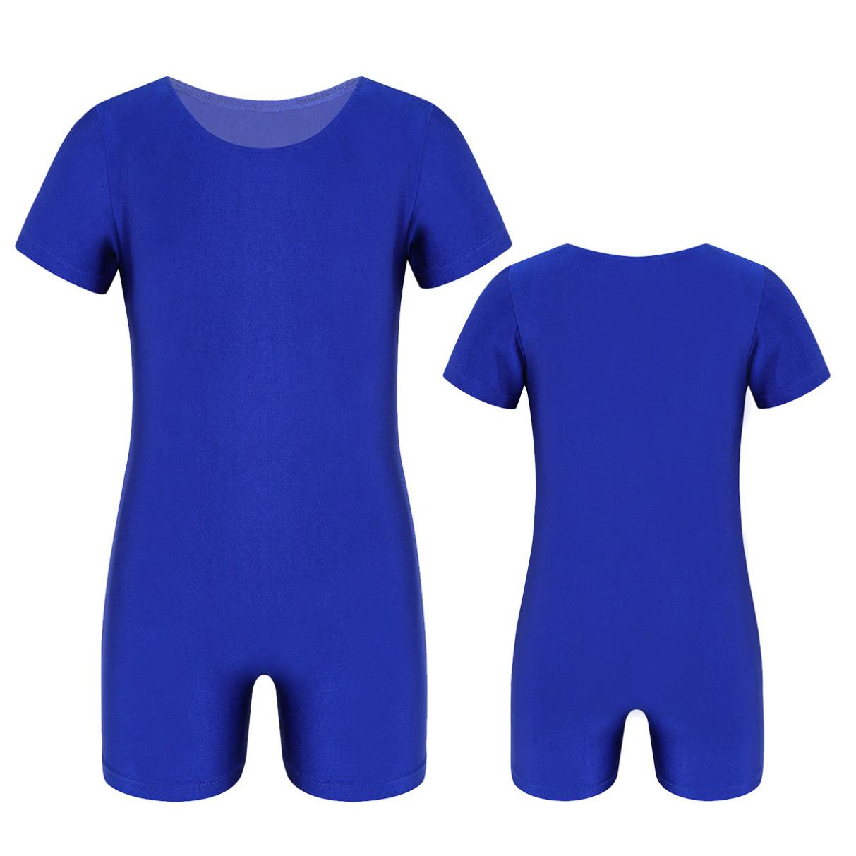 HULIJA Kinderen jongens meisjes korte mouwen effen kleur rekbaar ballet dans gymnastiek turnpakje jumpsuit unitard 5-6 Years koningsblauwe kleur