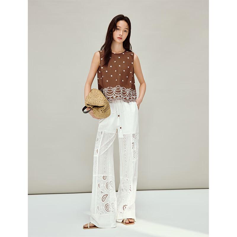 INMAN Resort Style White Embroidered Wide-Leg Pants