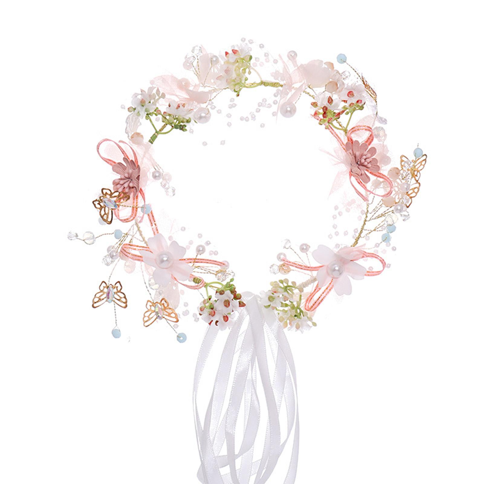 Floral Butterfly Hairband For Women Exquisite Fairy Flower Pearl Ribbon Hairband Photography Props Girls Jewelry Hair Accessory розовый