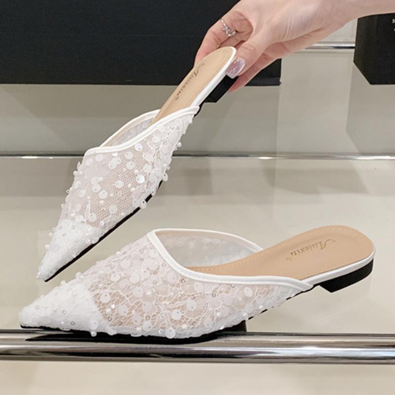 Fashion Luxury Mesh Pearl Flat Sandals Women Bling Pointed Toe Designer Brand Sandals Shoes Fashion Elegant Comfortable Non-slip Mules