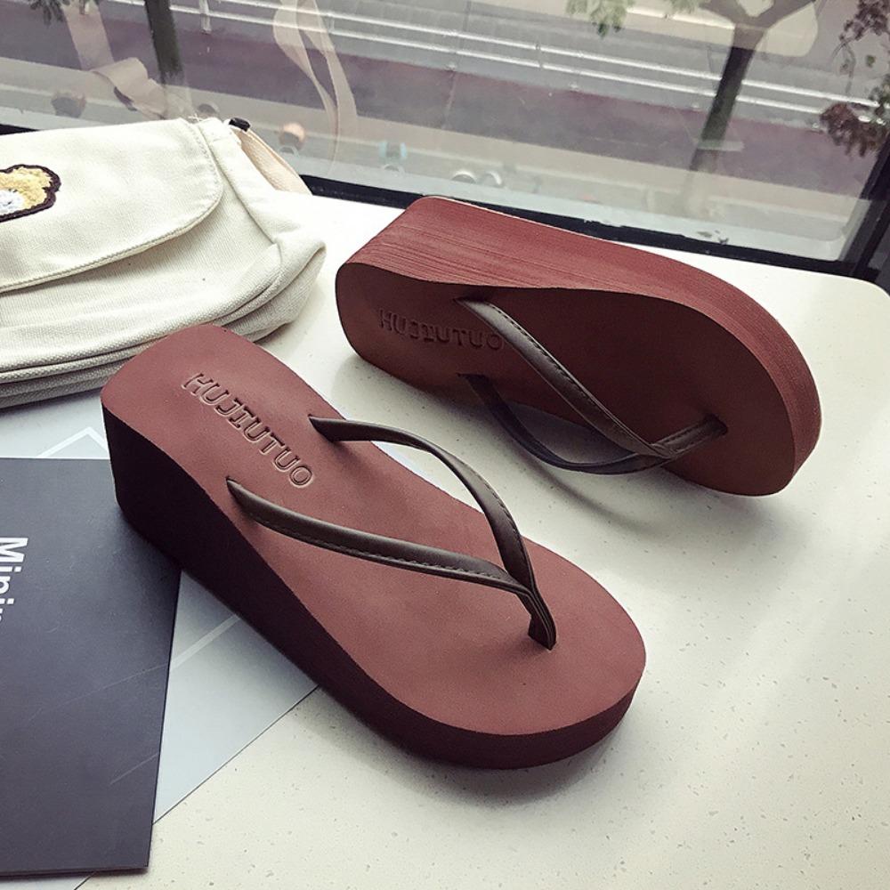 Fashion Thick Bottom Flip Flops Womens Summer Fashion Outdoor Beach Slippers Medium High Slope Heel Clip On Slip Resistant Cool Slippers