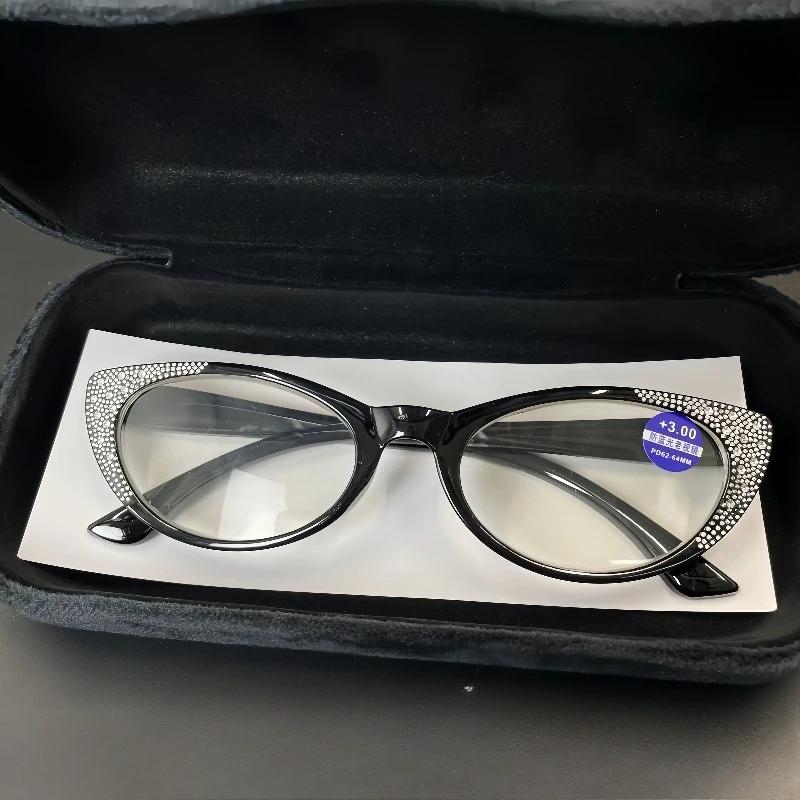 Fashionable Diamond-Studded Anti-Blue Light Presbyopia Glasses Retro Cat-Eye Senior Eyewear Oval Small-Frame HD Reading Glasses