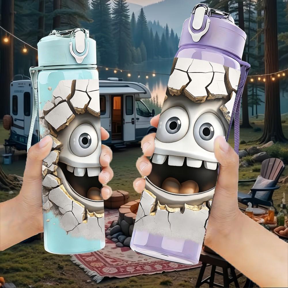 1PC Crack Wall Monster Face Cartoon Print 750ml Color Plastic Sports Water Bottle Leakproof Flip Straw Lid Suitable for Sports Office Home Use