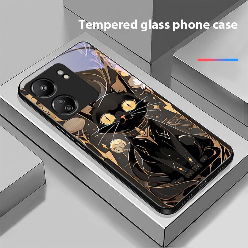 Schwarzes Gold Katze Für Xiaomi Redmi 13C Note13 12 Pro Plus 5G Note 9 13T Pro POCO X6 F5 F6 Schwarze Hartglas Handyhülle