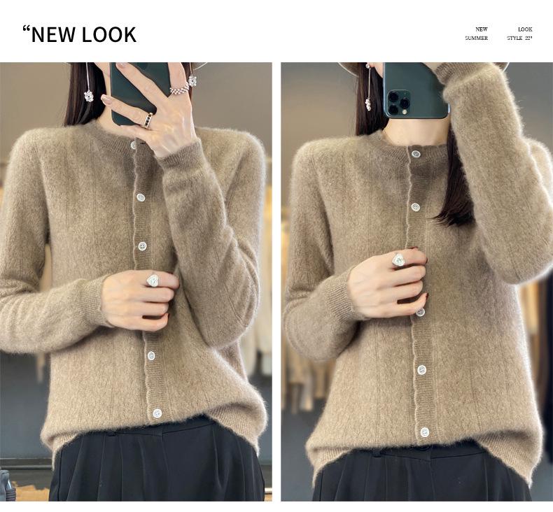 Women's Loose Knit Pure Wool Cardigan - Wheat Ear Design for Autumn Winter