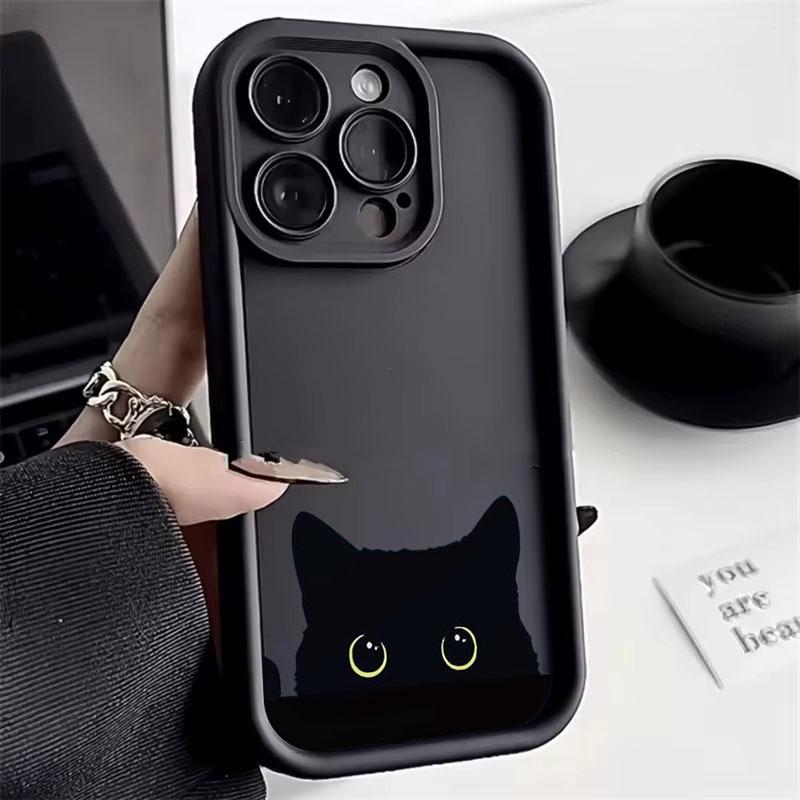 For iPhone 17 16 15 14 Pro Max 13 12 11 Pro Max XS XR X 15 14 Plus 17 Air Black Cat Graphic Case Shockproof Soft Matte Cover