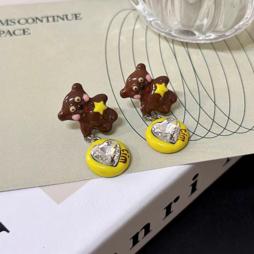 Y2K Yellow Heart Teddy Bear Zircon Stud Earrings - Cute, Cool, Niche Design Trend