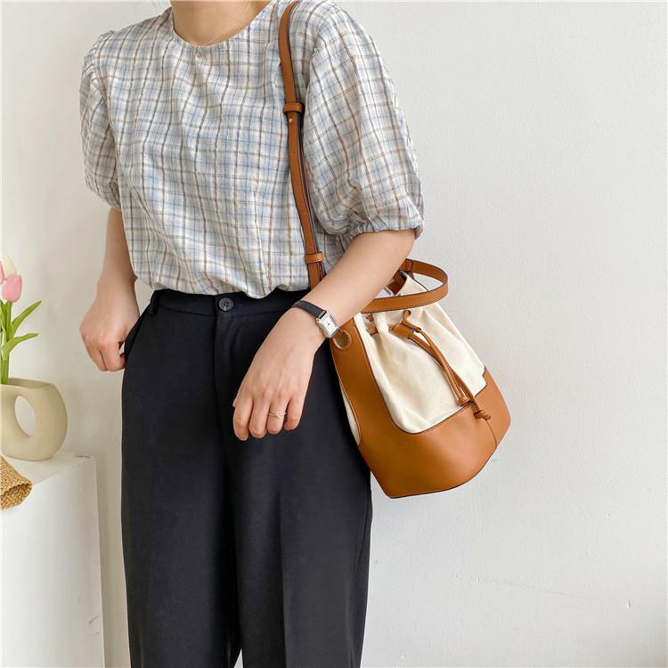 Portable Canvas Bag Niche Splicing Design Shoulder Messenger Bag Versatile Drawstring Bucket Bag Women