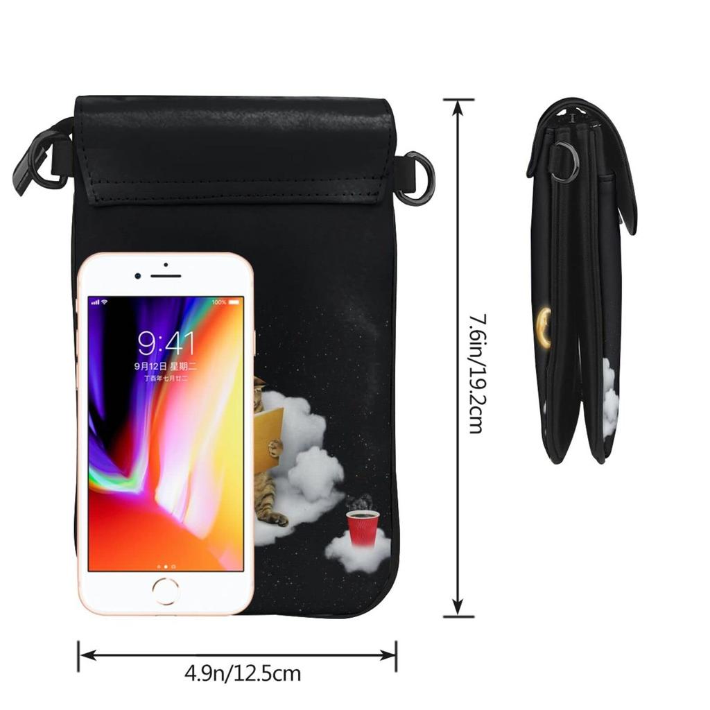 [JMI] Cat Print Reading Moon Night Smartphone Pouch, Genuine Leather Shoulder Bag, Thin, Women's and Men's Mini Pouch, Popular Wallet, Crossbody Bag