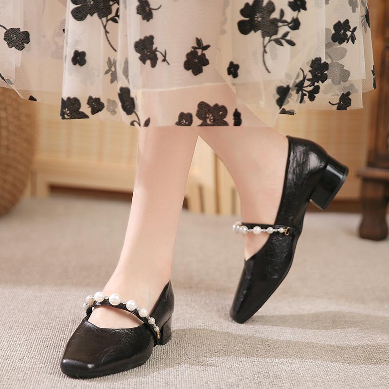Fashion Women's Fashion Square Heel Shoes Spring New Square Head Shallow Mouth Beaded Soft Sole Non-slip Low Top Shoes