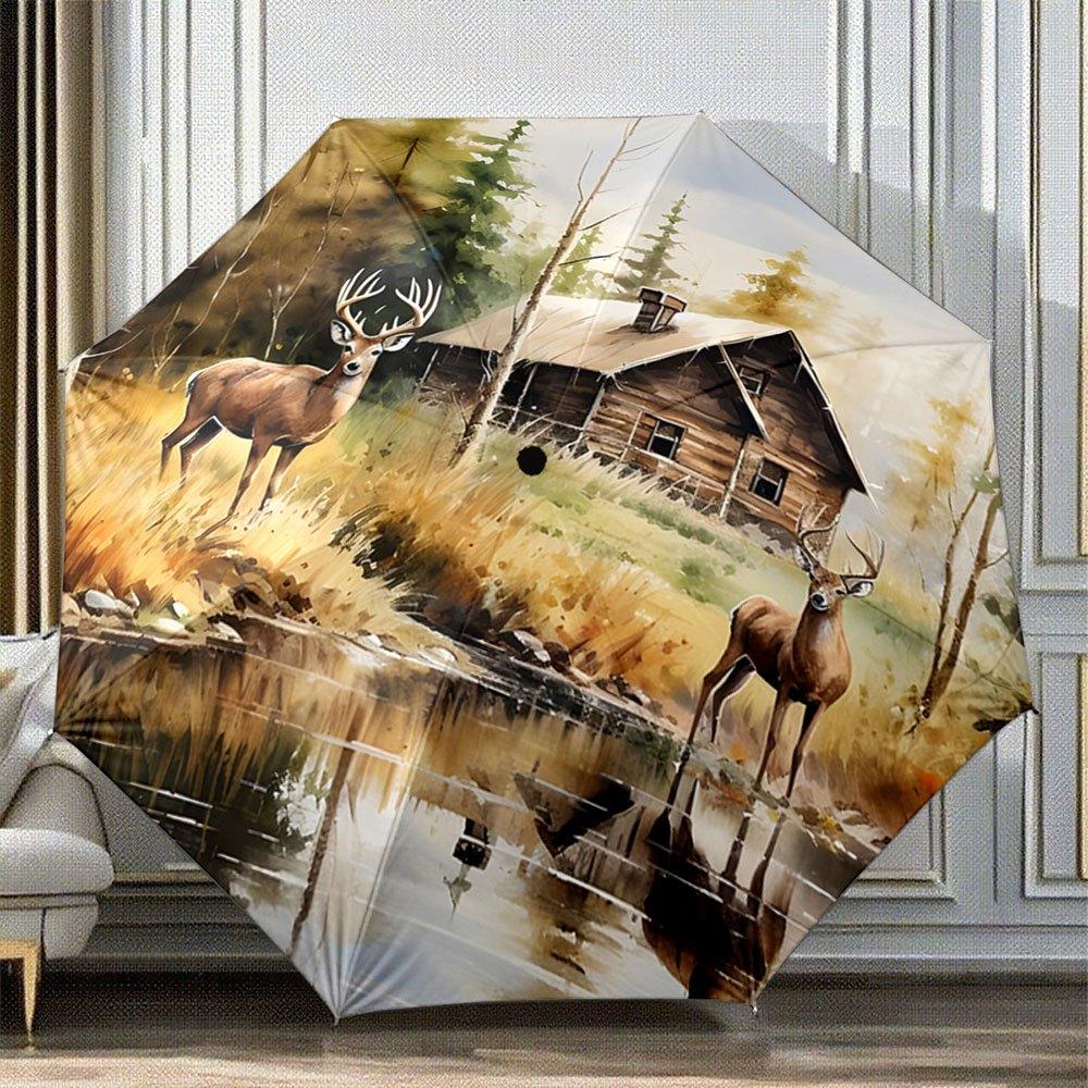 

Open/Close Portable Folding Umbrella with Deer & Rustic Cabin Forest Design - Compact Travel Umbrella Suitable for Backpack, D (as the picture,Iron&8K)