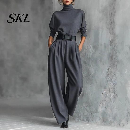Women Casual Matching Set Women's 2 Piece Set, High Neck Long Sleeve Top And Fashionable Clothing Wide Leg Pants Sets, Dressy Business Office