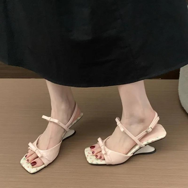 

Fashion Women s Fashion Slope Heel Sandals Summer New Square Head Open Toe Butterfly Knot Anti-slip Wear Heel Shoes 40 розовый