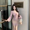 Pink slim strap v-neck long-sleeved T-shirt women's autumn pure desire suit lace splicing hip skirt two-piece set