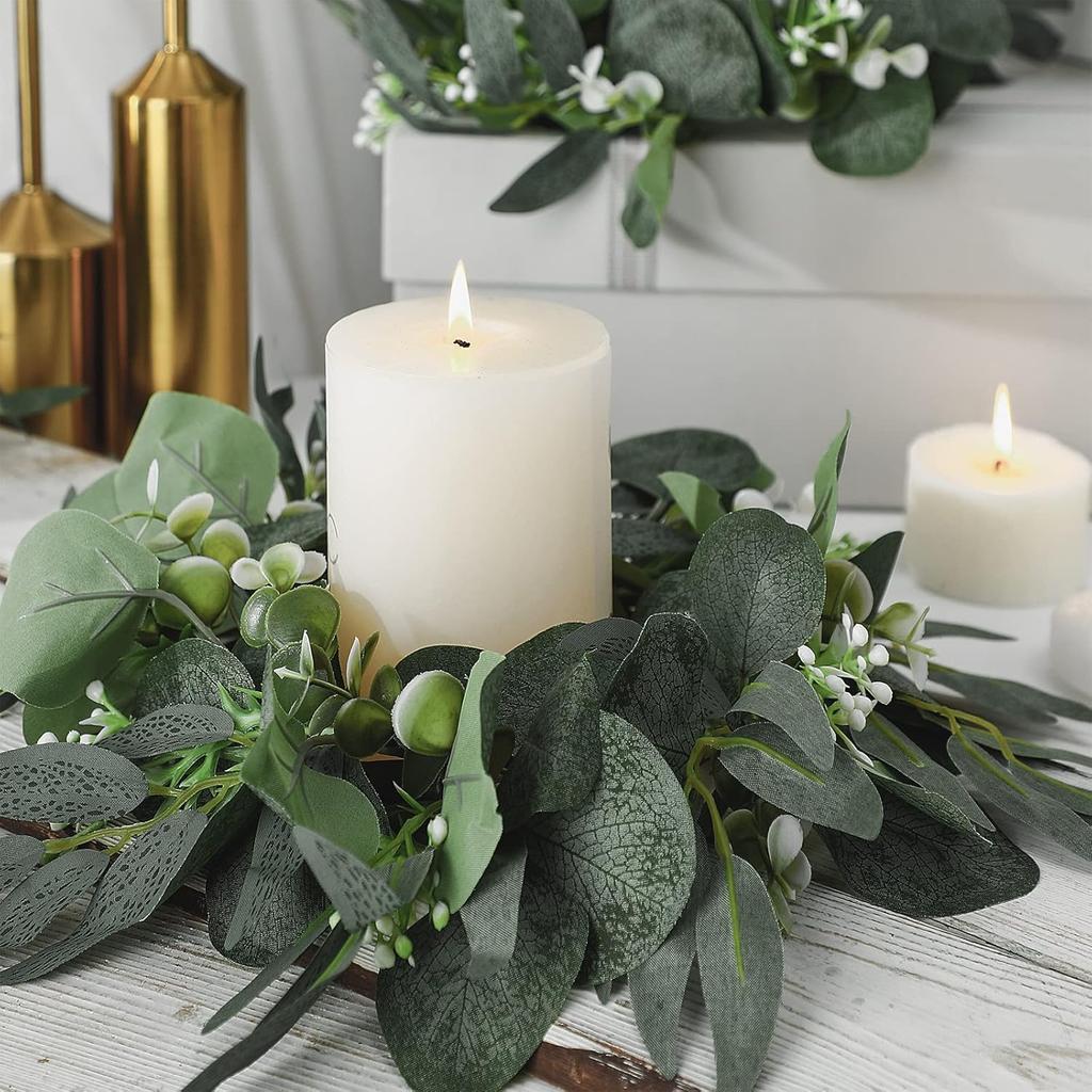 Thinkday 4 Pcs Eucalyptus Candle Ring Small 4 Inch Center Mini Artificial Wreaths Green Floral Leaves Pillar Holder Centerpieces for Wedding Door