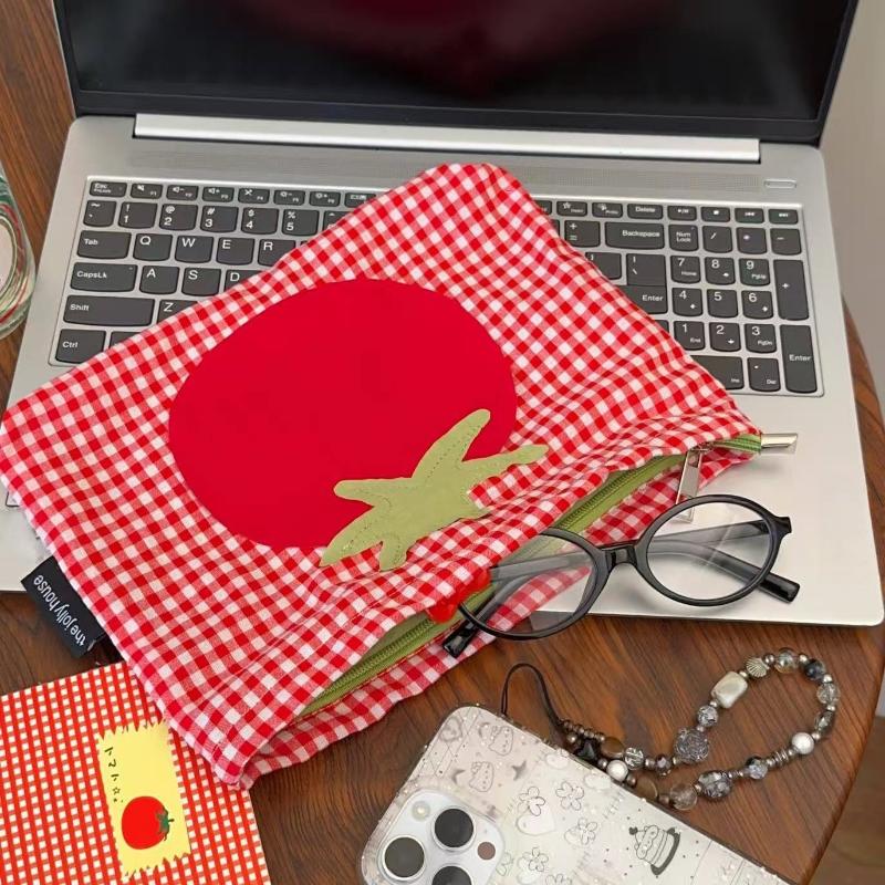

1Pcs Portable Handheld Toiletry Pouch Cute Large Capacity Red Grid Tomato Makeup Bag Minimalist Versatile Cosmetic Organizer
