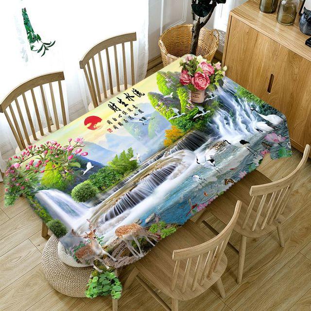 Chinese Style Tablecloth Waterfall And High Mountains Landscape Pattern Washable Thicken Rectangular Table Cloth For Wedding