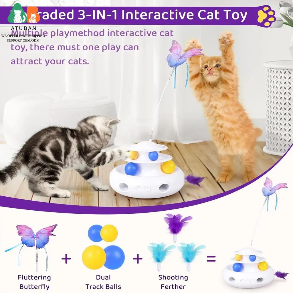 ATUBAN 3-in-1 Automatic Interactive Cat Toys Rechargeable,Fluttering Butterfly,Moving Ambush Feather,Smart Cat Toy for Indoor