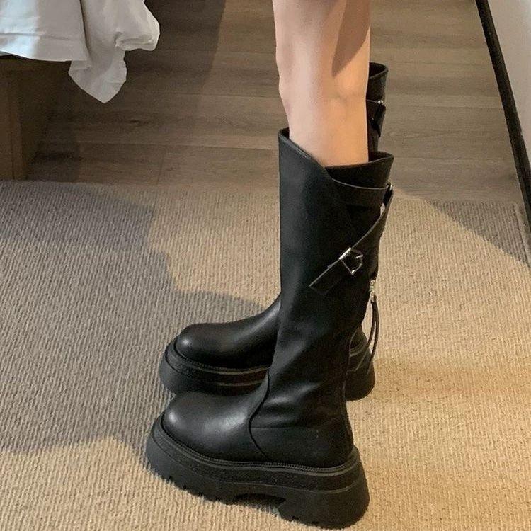 2025 Herbst und Winter neue kleine Ritterstiefel Reißverschluss hinten dicksohlige hohe Schaftweite elastische aber kniehohe Stiefel Kinder