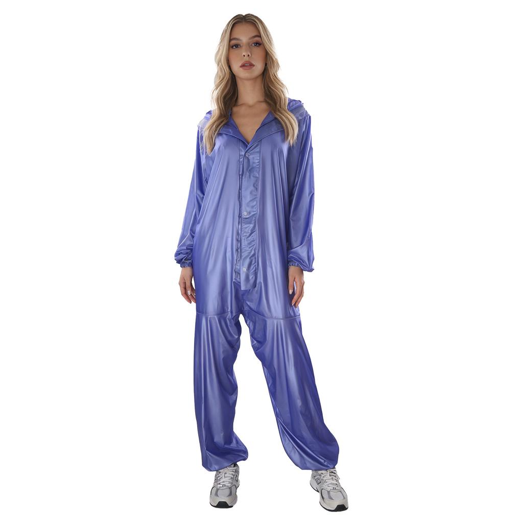 Unisex Full Body Hooded Raincoat Drawstring Hood Front Button Zipper One Piece Waterproof Jumpsuit Workwear