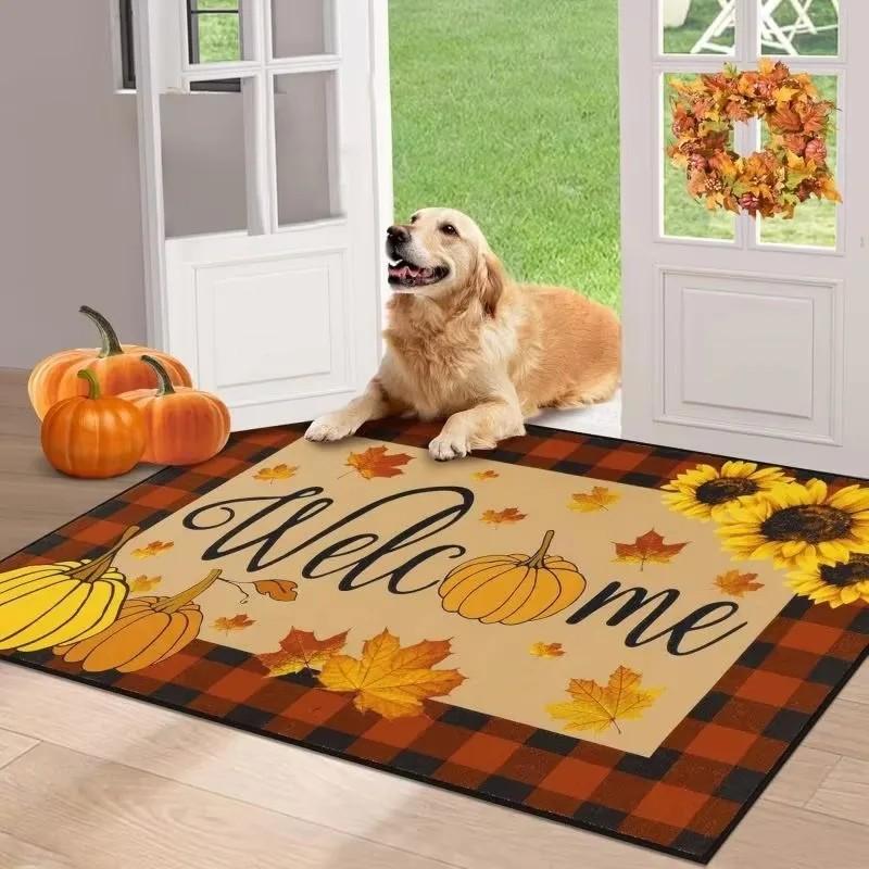 Larch Welcomes Entrance Door Carpet, Crystal Velvet Bathroom Floor Mats,Rug For Bedroom,Farm Autumn Decoration Carpet