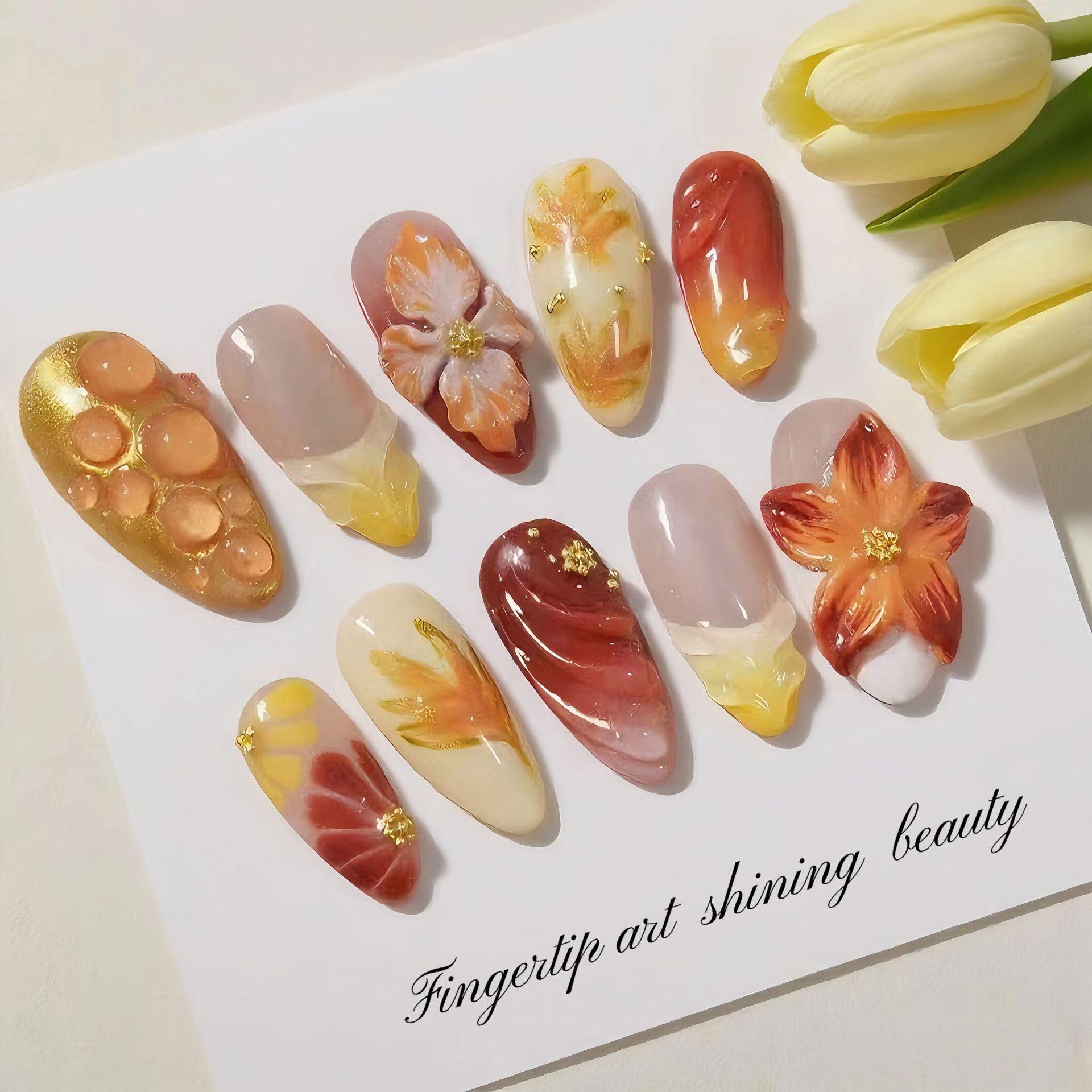 Autumn/Winter Maple Leaf Gold Plated Rhinestone French Manicure Nail Tips - 30 Handmade Pieces Finished Strip (Three Sets Full Rhinestone)
