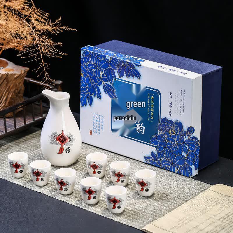 Yiceng 9-Piece Ceramic Baijiu Set - Wanfu Blue and White