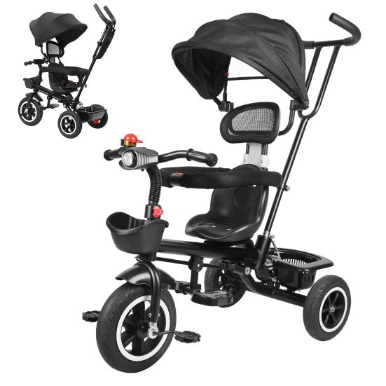 Toddler Tricycle Children Trike Kids with Adjustable Push Handle Removable Canopy Safety Harness Child Music Headlight Storage Basket,