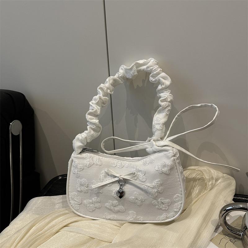 Bow Floral Print Pleated Crescent Bag Shoulder Bag Women'S Trendy Crossbody Bag Girl Sweet Handbag High-End Commuter Bag