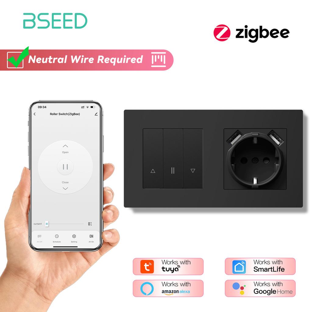 BSEED Zigbee Shutter Switch With Wall Sockets Wall Smart Click Switches Yellow Backlight Plastic Frame Tuya APP Roller Switch EU