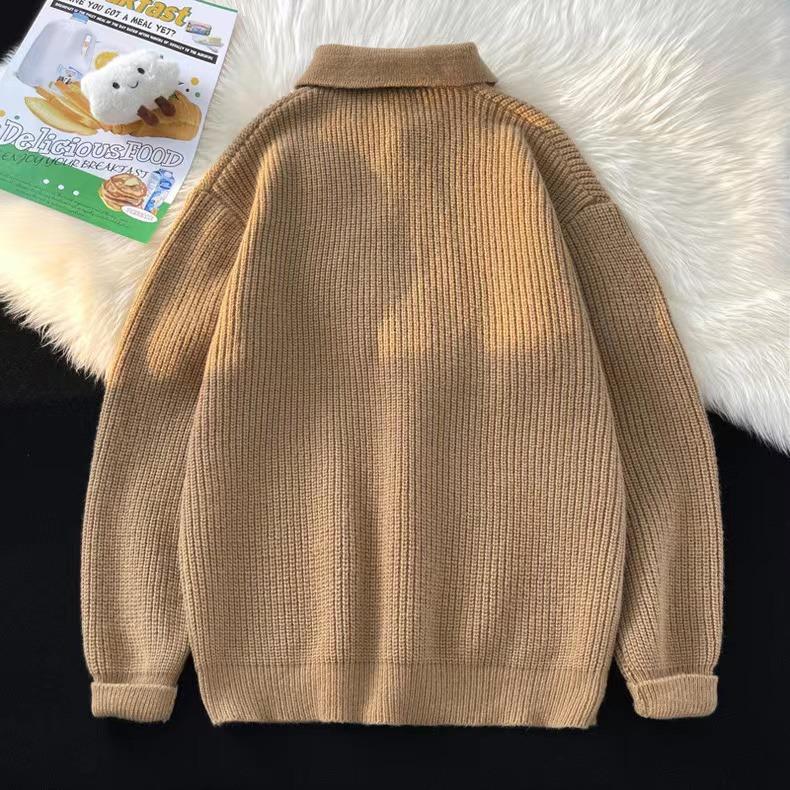 Men's Loose Fit Lapel Sweater - Trendy Hong Kong Style, Versatile Long Sleeve Solid Color Knitwear for Autumn and Winter.