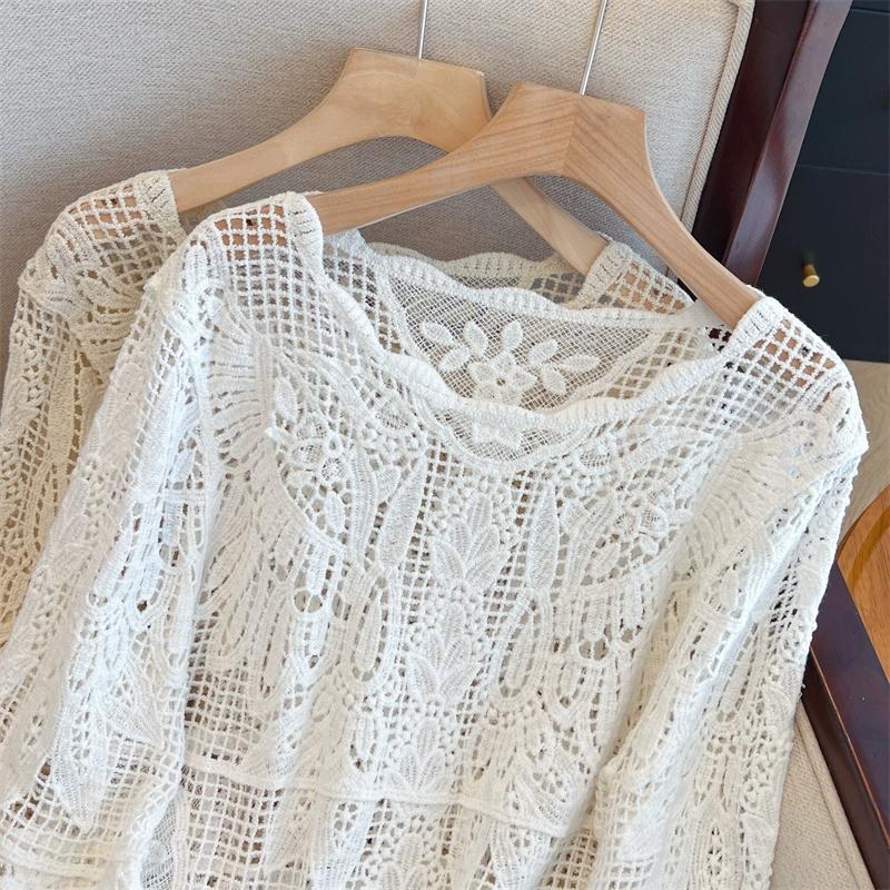 Dimanaf 2025 New Summer Basic Shirt Women Lace Blouse Tops Tees Casual Loose White Short  Tees