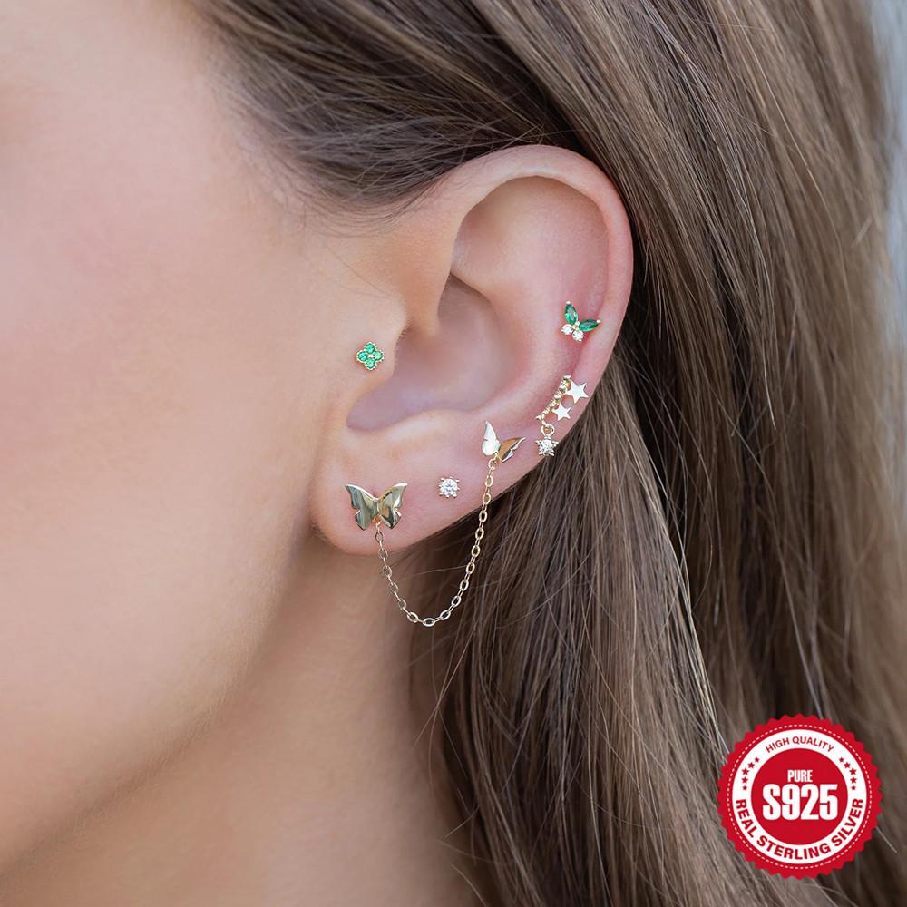 Fashion S925 Sterling Silver Ins Wind Chain Tassel Diamond Opal Opal Earline Stud Earrings