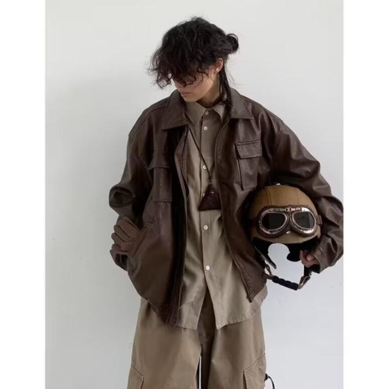 Men's Spring and Autumn Personalized Retro Biker PU Leather Jacket Solid Color Lapel Top