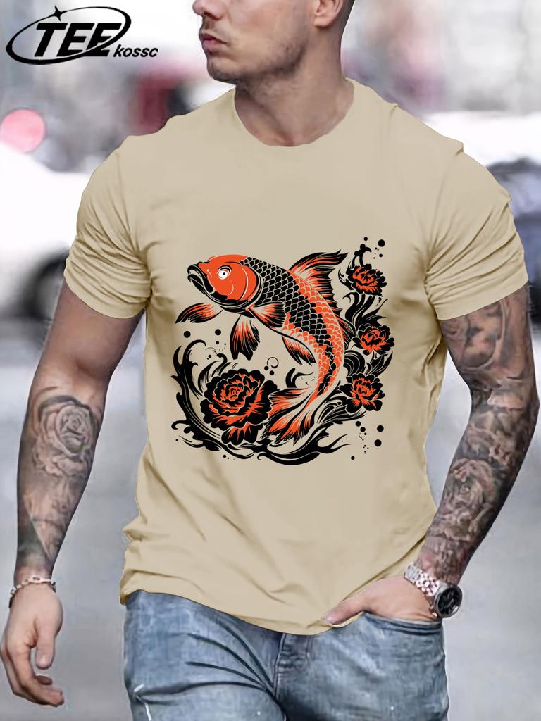 Japanese Harajuku Creative Lotus Koi Pattern TShirt Mens Summer Soft T Shirts Cotton Retro Sportswear Unisex Hip Hop Clothes