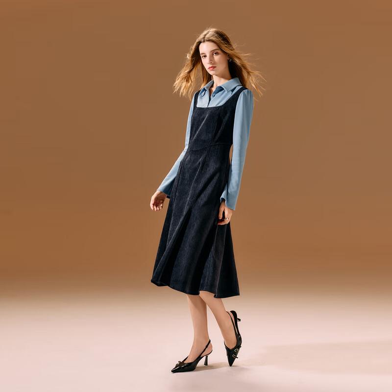 

San Cai 2025 Winter Faux Two-Piece Lapel A-Line Long Dress XL