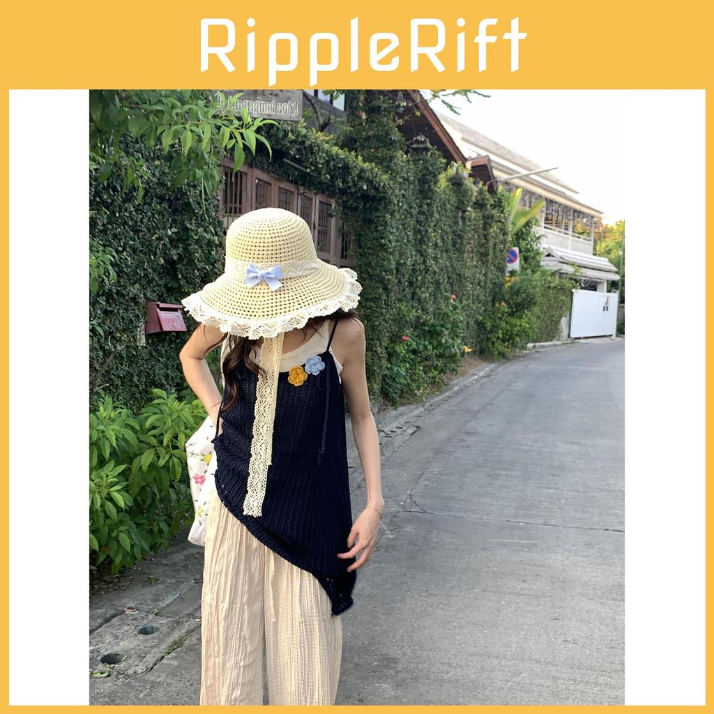 Trendy Japanese Country Style Beige Straw Fisherman Hat With Lace And Bow Detail