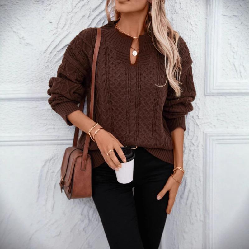 Solid Color Cable Knit V Neck Loose Long Sleeve Pullover Sweater For Women