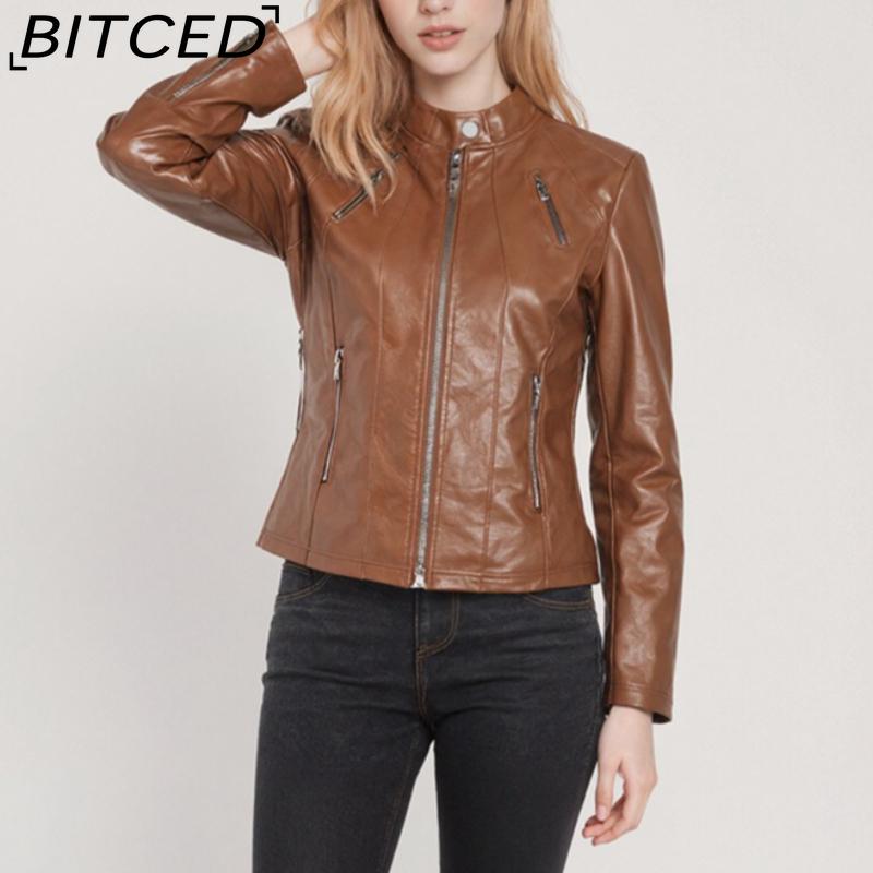 BITCED Autumn Slim-Fit Women's Leather Jacket Slim-Fit Outerwear Leather Clothing for Women