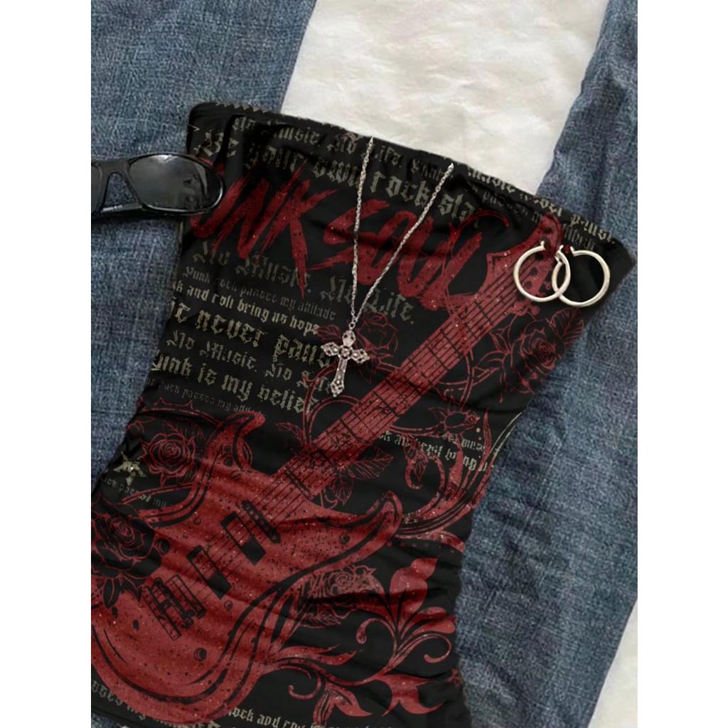 Women's Casual Retro Drawstring Front Cut Vest, Suitable for Y2K and Guitar Prints in Spring and Summer