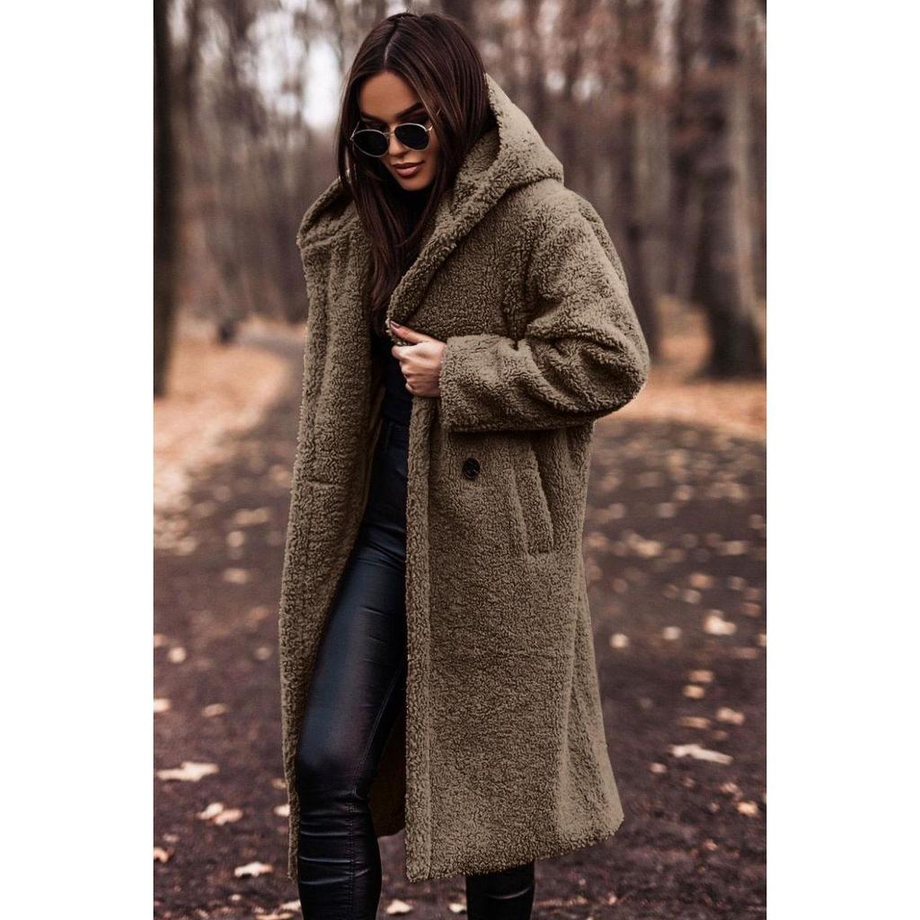 Damen Herbst- und Wintermode Wollmantel Einfarbig Locker Langärmlig Lässig Woll-Kapuzenmantel mit Einzelknopfleiste