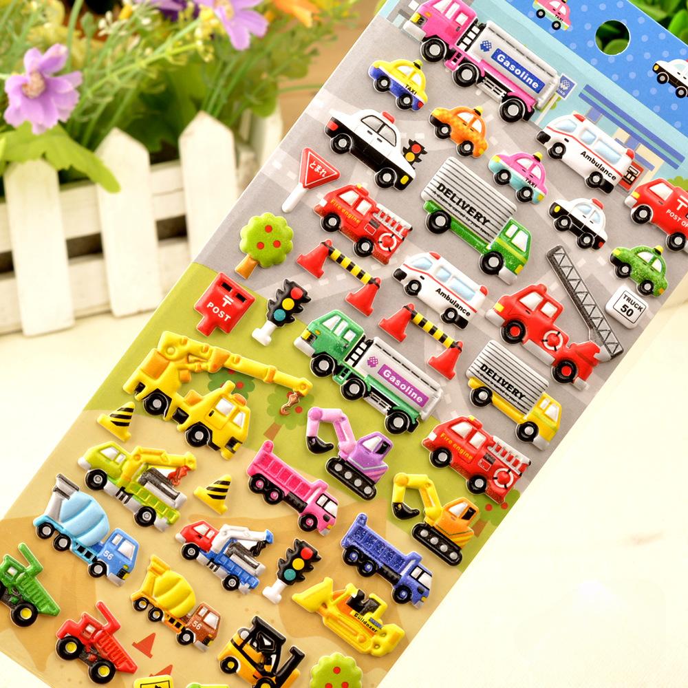 1pcs 3D Relief Stickers for Baby Boys Girls Cartoon Transportation Vehicles Kindergarten Reward Stickers DIY Adhesive Materials