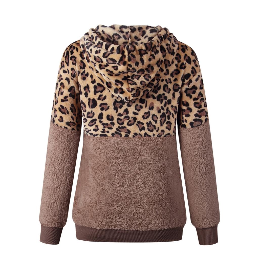 Women Hooded Sweatshirt Coat Winter Warm Wool Leopard Pocket Cotton Coat Outwear