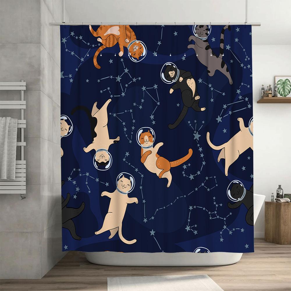 Space Adventure Cats Shower Curtain Set Blue Galaxy Print with Astronaut Feline Figurines for Bathroom Decorators Perfect Gift f