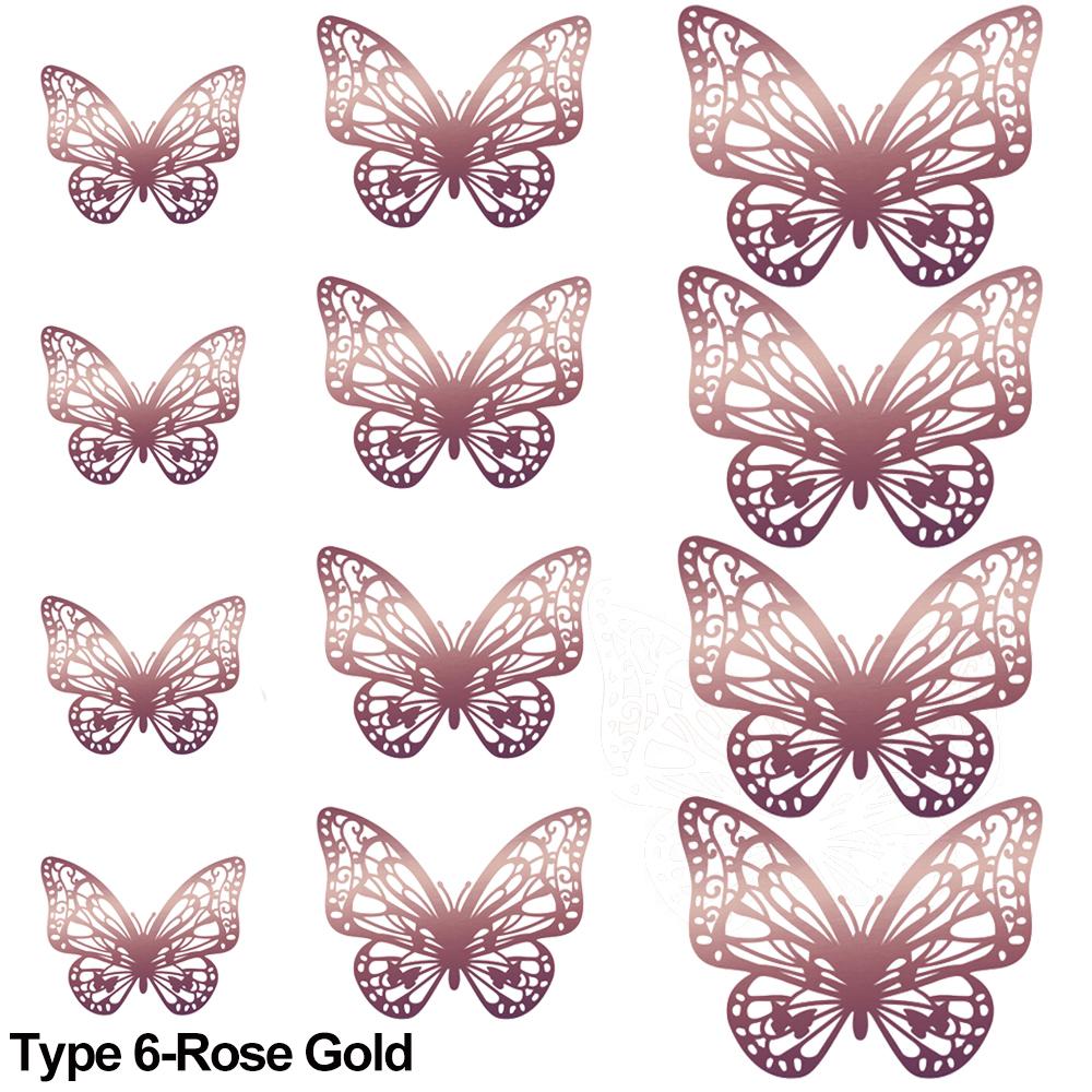 12Pcs/Pack 3D Hollow Out Butterfly Stickers Gold/Silver/Rosegold Mirror Decals Metal Texture Wall Art Wedding Party Supplies