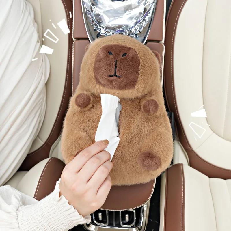Car Tissue Boxes Capybara Plush Accessories Car Backseat Hanging Tissue Bag Box Plush Holder Cover Auto Toys Interior Decoration